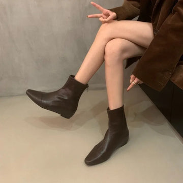Xajzpa New Fashion Women's Retro Short Boot Women's Autumn/Winter Genuine Leather Pointed Boots Flat Bare Shoes for Women Thin Shoes